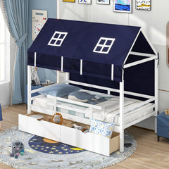 Twin House Bed with Tent and 2 Storage Drawers for Kids