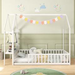 Twin House Floor Bed Montessori Bed Frame with Storage Shelf