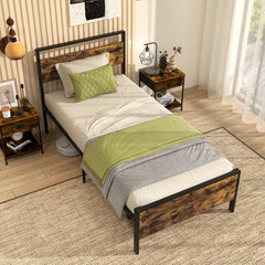 Twin/Full/Queen/King Metal Bed Frame Industrial Platform Bed with Wooden Headboard