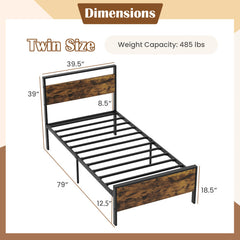 Twin/Full/Queen/King Metal Bed Frame Industrial Platform Bed with Wooden Headboard