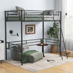 Twin Metal Loft Bed Frame with Ladder and Metal Slats Support