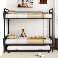 Twin Over Twin Bunk Bed with Trundle with Ladder and Full-length Guardrails