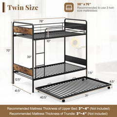 Twin Over Twin Bunk Bed with Trundle with Ladder and Full-length Guardrails
