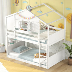 Twin Over Twin Bunk Bed for Kids with Roof and Lockable Window