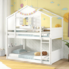 Twin Over Twin Bunk Bed for Kids with Roof and Lockable Window