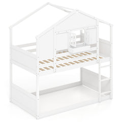 Twin Over Twin Bunk Bed for Kids with Roof and Lockable Window