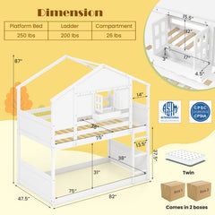 Twin Over Twin Bunk Bed for Kids with Roof and Lockable Window