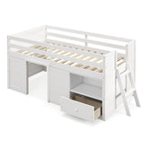Solid Twin Size Wood Low Loft Bed with Storage and Drawer