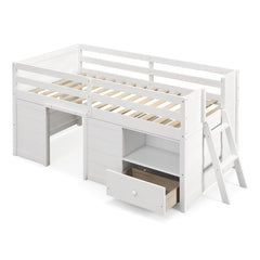 Solid Twin Size Wood Low Loft Bed with Storage and Drawer