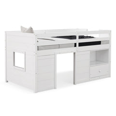 Solid Twin Size Wood Low Loft Bed with Storage and Drawer
