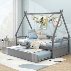 Twin Size House Bed with Trundle and Safety Guardrail
