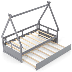 Twin Size House Bed with Trundle and Safety Guardrail