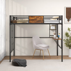 Twin Size Industrial Metal Loft Bed with Storage Shelf and Build-in Ladder