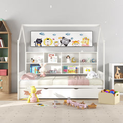 Twin Size Kids Montessori Daybed with Roof and Shelf Compartments