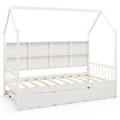 Twin Size Kids Montessori Daybed with Roof and Shelf Compartments