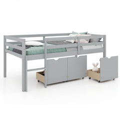 Twin Size Low Loft Bed with 3 Drawers with Ladder and Full-length Guardrails