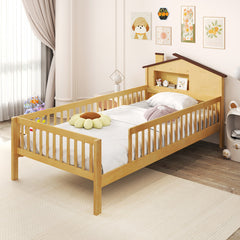 Twin Size Kids Montessori Bed with House-Shaped Headboard and Built-in Storage Shelf