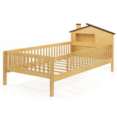 Twin Size Kids Montessori Bed with House-Shaped Headboard and Built-in Storage Shelf