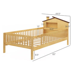 Twin Size Kids Montessori Bed with House-Shaped Headboard and Built-in Storage Shelf