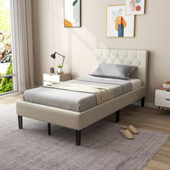 Twin Size Upholstered Platform Bed with Button Tufted Headboard