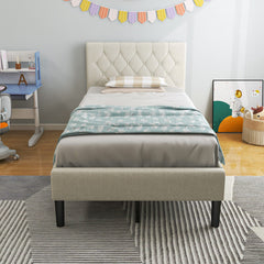Twin Size Upholstered Platform Bed with Button Tufted Headboard