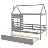 Twin Size Wooden Platform House Bed with Trundle and Roof