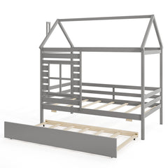 Twin Size Wooden Platform House Bed with Trundle and Roof