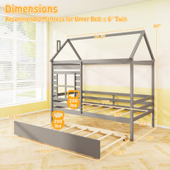 Twin Size Wooden Platform House Bed with Trundle and Roof