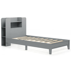 Twin Size Wooden Platform Bed Frame with Bookcase Headboard