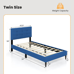 Twin Size Upholstered Platform Bed with with Button Tufted Linen Fabric Headboard