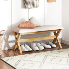 Upholstered Entryway Bench Rubber Wood Bench with Thick Padded Seat