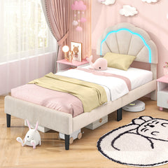 Upholstered LED Bed Frame with Adjustable Flower Headboard and Metal Support Feet