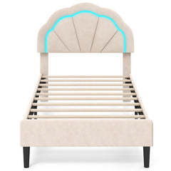 Upholstered LED Bed Frame with Adjustable Flower Headboard and Metal Support Feet