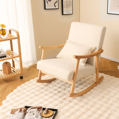 Upholstered Rocking Chair with Pillow and Rubber Wood Frame