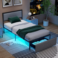Full/Queen/Twin Size Bed Frame with LED Lights Drawer and Metal Slats