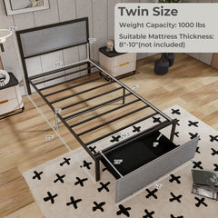 Full/Queen/Twin Size Bed Frame with LED Lights Drawer and Metal Slats