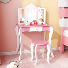 Kid's Wooden Vanity Table and Stool Set with 3-Panel Acrylic Mirror