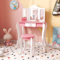 Kid's Wooden Vanity Table and Stool Set with 3-Panel Acrylic Mirror