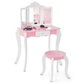 Kid's Wooden Vanity Table and Stool Set with 3-Panel Acrylic Mirror