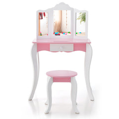 Kid's Wooden Vanity Table and Stool Set with 3-Panel Acrylic Mirror