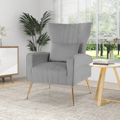 Velvet Upholstered Wingback Chair with Lumbar Pillow and Golden Metal Legs