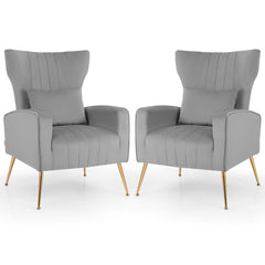 Velvet Upholstered Wingback Chair with Lumbar Pillow and Golden Metal Legs