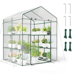 Walk-in Greenhouse with 3 Tiers 8 Shelves PVC Cover Roll-up Zippered Door