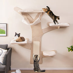 Wall-Mounted Cat Tower with Hammock Platforms and Sisal Scratching Mat