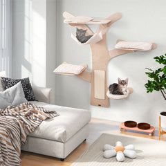 Wall-Mounted Cat Tower with Hammock Platforms and Sisal Scratching Mat