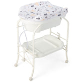 Folding Baby Changing Table with Bathtub and 4 Universal Wheels In White