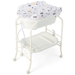 Folding Baby Changing Table with Bathtub and 4 Universal Wheels In White