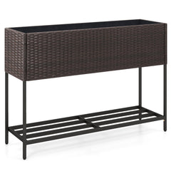 Wicker Raised Garden Bed with Storage Shelf and Drainage Gaps for Flowers