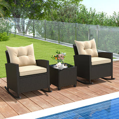 3-Piece Patio Rattan Roker Chairs with Tempered Glass Table and Soft Cushions