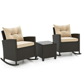 3-Piece Patio Rattan Roker Chairs with Tempered Glass Table and Soft Cushions